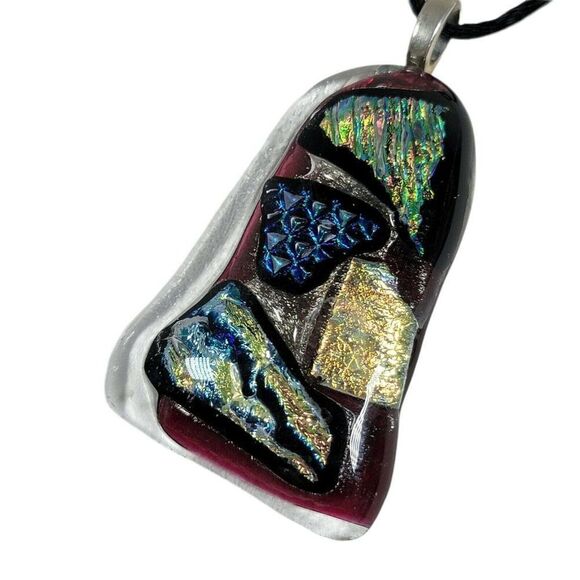 Unbranded Jewelry - Purple Gold Flecks Abstract Geometrical Art Glass Pendant With Cord Necklace